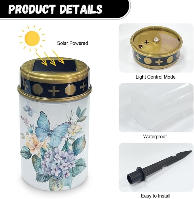 Butterfly Floral Cemetery Solar Lights for Grave 2 Pieces LED Solar Powered Outdoor Lights for Grave Yard Garden Decorative Solar Lights Waterproof Memorial Solar Lights for Loved Ones