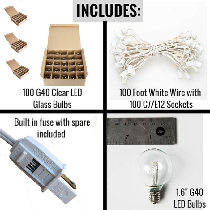 Hometown Evolution, Inc. G40 LED Warm White Outdoor Patio String Lights with 0.6 Watt Bulbs (G40 LED 3 Diode - White Wire, 100 ft)