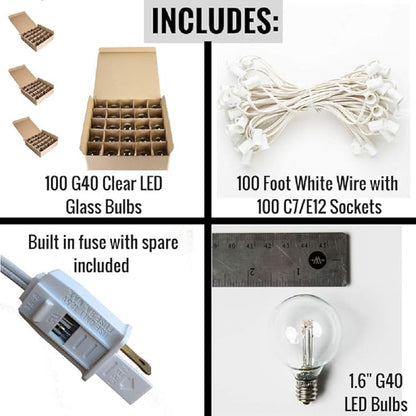 Hometown Evolution, Inc. G40 LED Warm White Outdoor Patio String Lights with 0.6 Watt Bulbs (G40 LED 3 Diode - White Wire, 100 ft)
