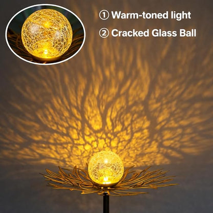 Solar Garden Lights Outdoor Decor, Metal Flower Stake Light with Warm White Crackle Glass Globe, Waterproof Decorative Solar Yard Art for Patio Lawn Backyard Pathway, Gardening Gift(Gold)