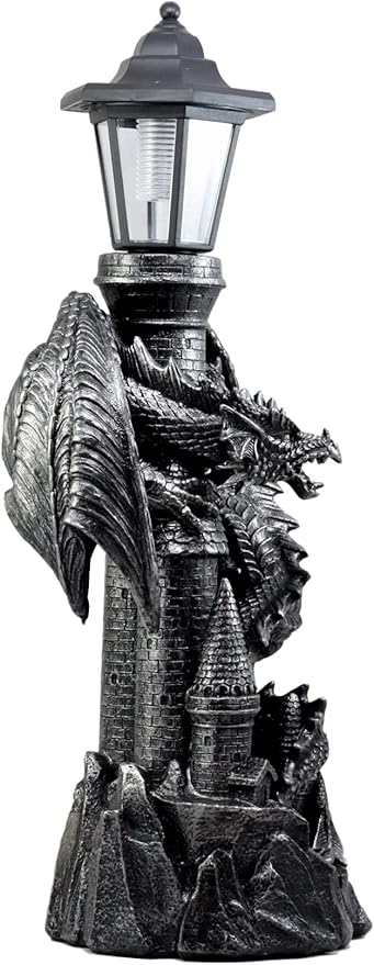 Ebros Gift Mystical Rocky Cliff Top Castle Dungeon Guardian Dragon Solar LED Light Lantern Statue Path Lighter Patio Lighter