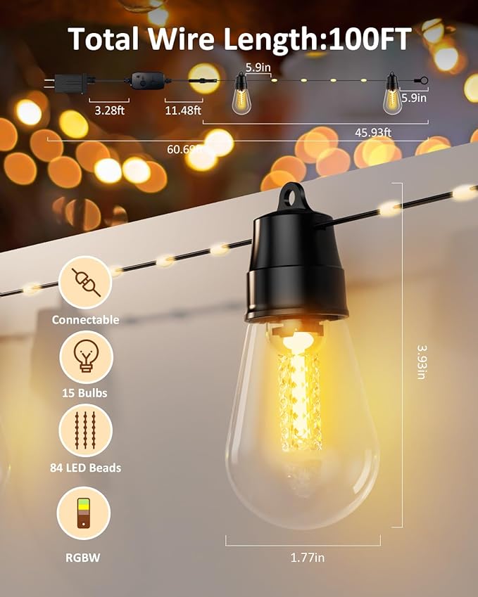 TCL Outdoor String Lights, 46FT 15 Bulbs Patio String Lights, App Control, Colors Changing String Lights for Outside, 84 RGBIC, IP65 Waterproof, Outdoor Lights for Garden, Porch, Cafe, Bistro, Party