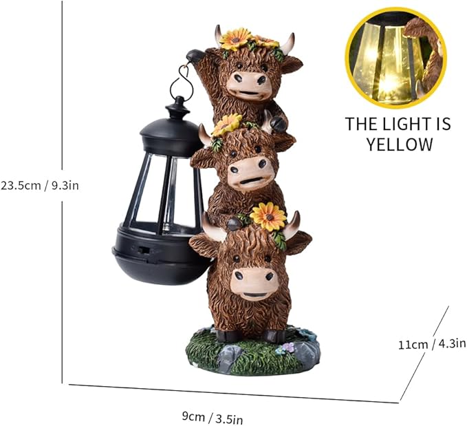 Solar Stacking Highland Three Cute Cow Garden Decor, Outdoor Statue Decorative Resin Light for Yard Decorations Lawn Patio Pathway