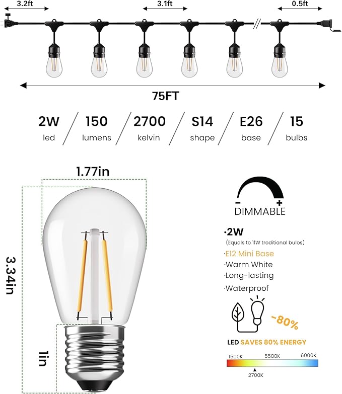 Svater 75 FT Outdoor String Lights 2W + 300FT Patio Light for Outside | Lumora