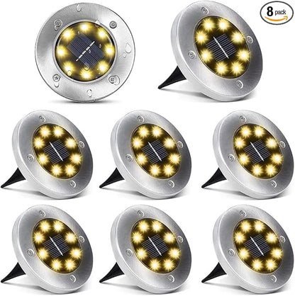Aogist Solar Ground Lights, 8 LED Garden Disk Lights In-Ground Outdoor Landscape Lighting for Lawn Patio Pathway Yard Deck Walkway (Warm White, 8 Pack)