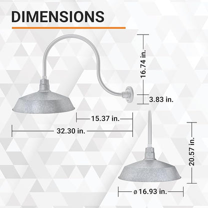 17in. Galvanized Finish Outdoor Gooseneck Barn Light Fixture with 24in. Long Extension Arm - Wall Sconce Farmhouse, Vintage, Antique Style - UL Listed - 9W 900lm A19 LED Bulb (5000K Cool White)