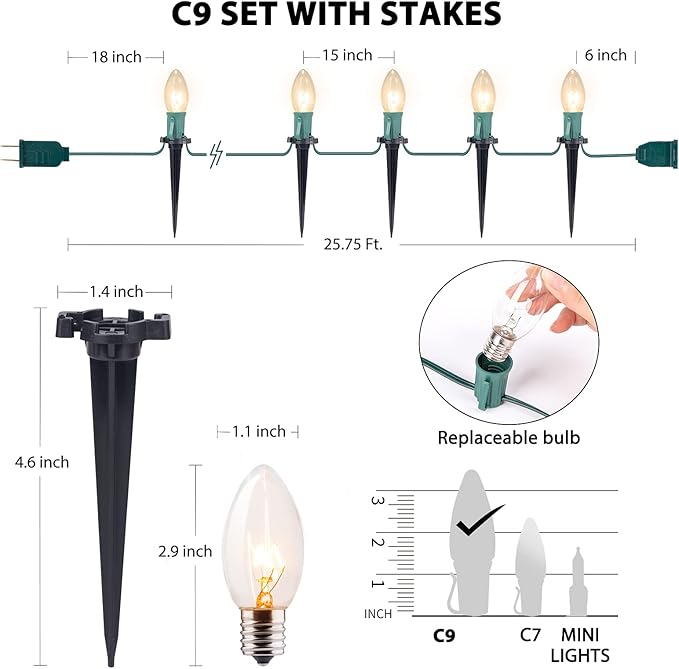 C9 Christmas Pathway String Lights, 25.7 Feet 40 Clear Lights and 20 Stakes, Extendable Waterproof for Outdoor Walkway and Driveway, UL Listed, Warm White