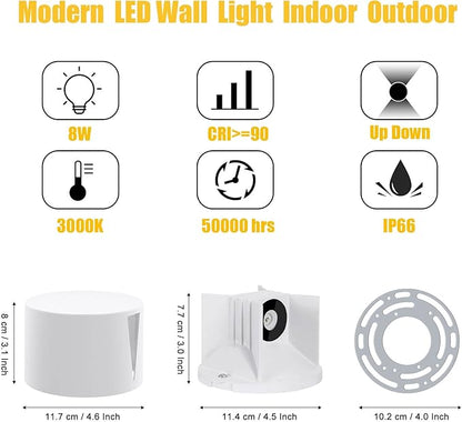 Kawell 8W Modern LED Wall Sconce Light Up Down Waterproof Outdoor Wall Lamp Indoor Hardwired for Bedroom Bathroom Hallway Stairs Porch, White 3000K