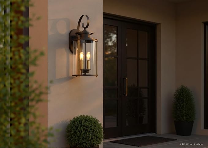 Urban Ambiance Luxury Rustic Outdoor Wall Light, Medium Size: 19.25" H x 8" W, with Colonial Style Elements, Olde Bronze Finish and Clear Shade, UHP1120 from The Plymouth Collection
