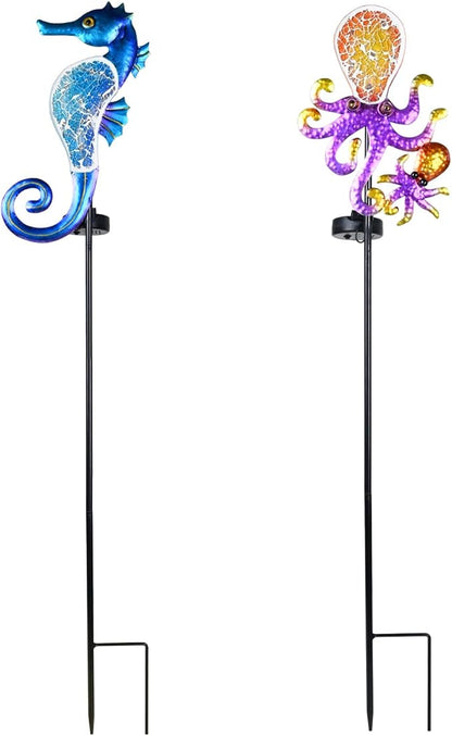 Yiosax-Solar Outdoor Lights Decorative-Yard Outdoor Decorative - Garden Stakes Octopus & Seahorse Decorative Waterproof 7 LED Light Decor Ocean Beach Theme for Lawn Path Yard Decoration Gift Idea