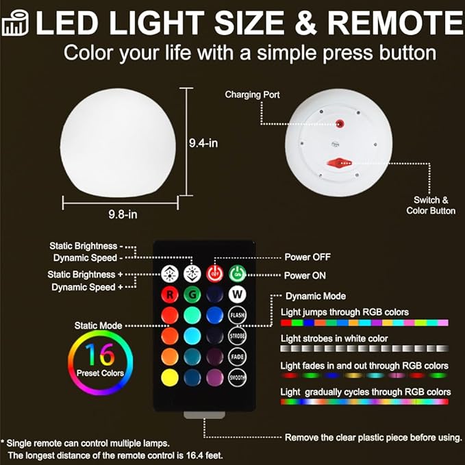 10 In LED Globe Light w/Remote, 16 RGB Colors 4 Modes & 8 Dimmable Brightness LED Ball Light Sphere Lamp | Lumora