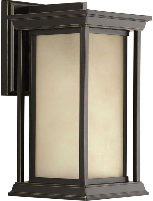 Progress Lighting Endicott Collection 1-Light Etched Umber Linen Glass Craftsman Outdoor Medium Wall Lantern Light Antique Bronze