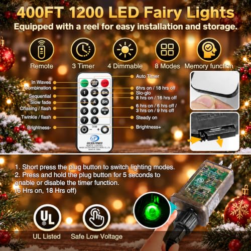 KNONEW 400FT 1200LED Outdoor Fairy Lights Plug in Warm White Xmas Decor
