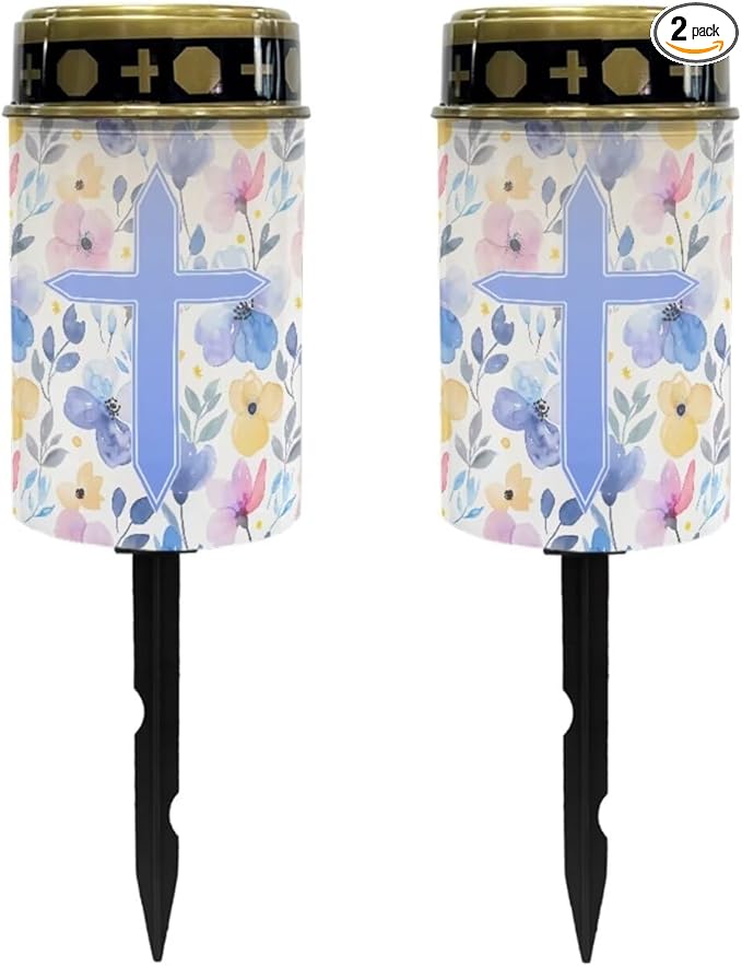 Poceacles Cross Solar Lights Outdoor Waterproof Cemetery Lights Solar Powered Grave Solar Lantern Outdoor Waterproof Walkway Lights for Lawn Garden Pathway, Blue Floral Cross, Pack of 2