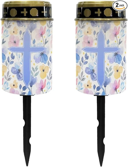 Poceacles Cross Solar Lights Outdoor Waterproof Cemetery Lights Solar Powered Grave Solar Lantern Outdoor Waterproof Walkway Lights for Lawn Garden Pathway, Blue Floral Cross, Pack of 2