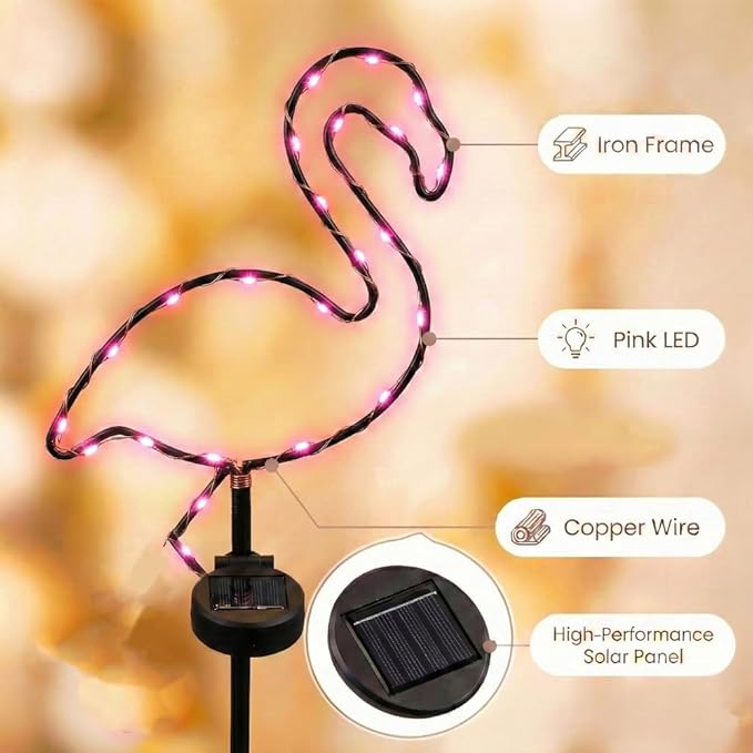 2 Packs Solar Neon-Like Metal Frame Pink Flamingo Stake Light - Outdoor, Pathway, Landscape Light for Lawn, Patio, Garden Or Outdoor Living Area - 28 Inches Tall