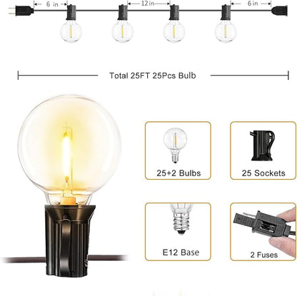 Outdoor String Lights 25FT, G40 LED Patio Globe Lights with 27 Shatterproof Bulbs, Waterproof Connectable Hanging Lights for Backyard Porch Wedding Christmas Decor, Warm White