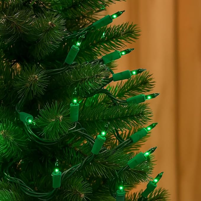 Novelty Lights 50 Feet 100 Bulbs Traditional Incandescent Mini Lights, Green on Green Wire with 6" Spacing, Commercial Grade and UL Listed for Indoor/Outdoor Use, End-to-End Connectable