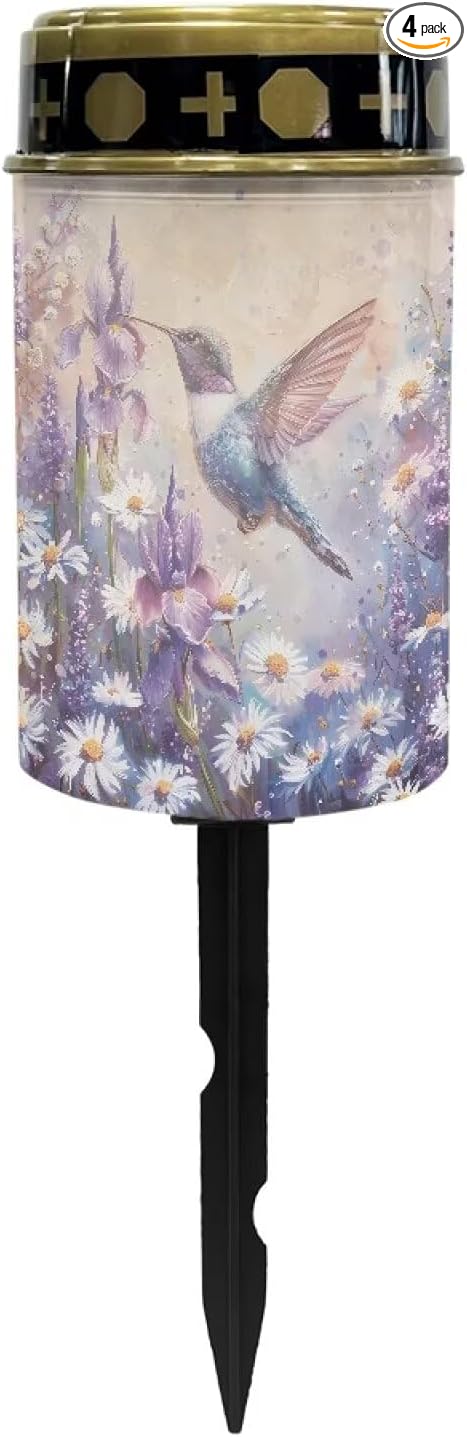 ZOUTAIRONG Solar Light for Cemetery Grave Outdoor Waterproof Powered Solar Pathway Lights 4 Pack Outdoor Cemetery Lights for Grave, Daisy Hummingbird Design