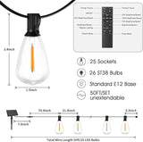 RTTY Solar String Lights Outdoor Waterpoof 50ft with 25pcs Dimmable Shatterproof ST38 Vintage Bulb,Remote Solar | Lumora
