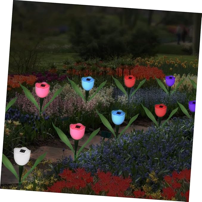 7pcs Tulips Shape Solar Led Garden Lights Pathway Outdoor Landscape Lighting Weatherproof Led Outdoor Solar Lights Auto Sensor Easy Install for Garden Decor Driveway Patio Random