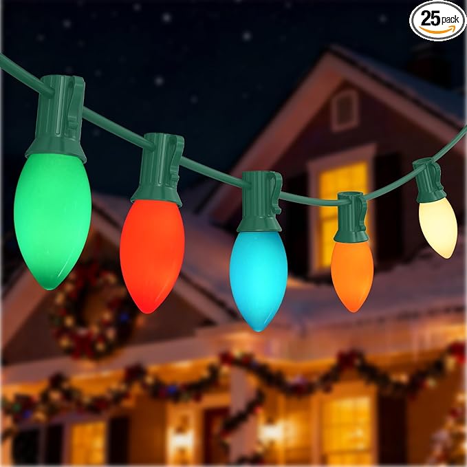 C9 Vintage LED Christmas Lights Outdoor, 25Ft Christmas Tree Lights with 26 Colorful Ceramic LED Bulbs(1 Spare), Hanging Xmas Lights Outdoor for Party/Garden/Yard/Holiday Decor