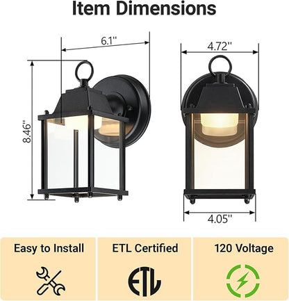 LIT-PaTH Outdoor LED Wall Lantern, Wall Sconce as Porch Lighting Fixture, 3000K Warm White, 9.5W 800 Lumen, Aluminum Housing Plus Glass, Black Finish, 1-Pack