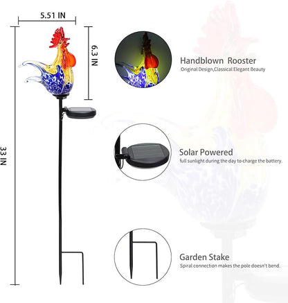 Bshine Solar Garden Decor Outdoor Rooster Light, Hand Blown Glass Waterproof Solar Light Stake Decoration Road, Path, Lawn and Yard Art for Moms, or Chicken Lovers