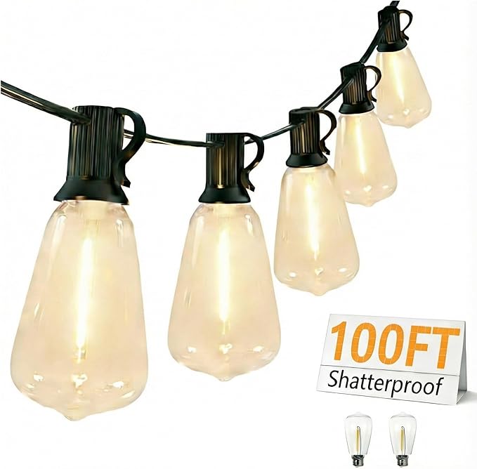 Outdoor LED String Lights with 100 Feet 52 Edison Plastic Bulbs(2 Spare), Waterproof Hanging Lights for Patio Backyard Porch Balcony Party Christmas Decoration