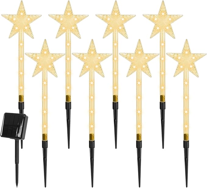 8 Pcs Christmas Solar Stake Light, Decorative IP64 Waterproof 64LED Beads Star-Shaped Pathway Lights with 8 Lighting Modes Xmas Decoration for Outdoor Garden Patio Yard Porch Driveway
