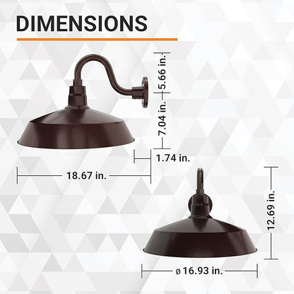 17in. Architectural Bronze Outdoor Gooseneck Barn Light Fixture With 10in. Long Extension Arm - Wall Sconce Farmhouse, Vintage, Antique Style - UL Listed - 9W 900lm A19 LED Bulb (5000K Cool White)