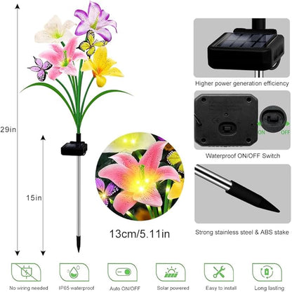 Solar Garden Lights 4 Pack LEDs Solar Lilies Flower Lights, Yard Patio Pathway Decoration High Flexibility Copper Wire Handmade Silk Artificial Flowers Never Wither, Gift for Family Friends