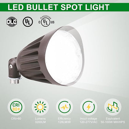 OSTEK 25W LED Bullet Spotlight Flood Light, 3CCT Selectable LED Landscape Spotlight with Knuckle Mount 3500LM, 0-10V Dimmable Commercial Outdoor Weatherproof Flood Light 120-277V, UL-Listed (1 Pack)