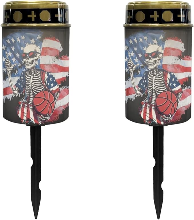 USA Flag Basketball Cemetery Solar Lights for Grave Set of 2 Decorative Grave Waterproof Powered Solar Lights for Cemetery Gravesite Memorial Gift Grave Lamp