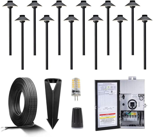 Gardenreet Solid Brass 12V LED Landscape Lighting Kit (12 Black Path Lights) with 300W Low Voltage Transformer and | Lumora