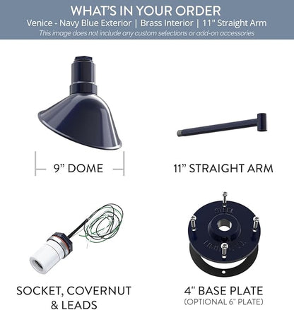 Steel Lighting Co. Venice Store Sign Light | for Outdoor Restaurant Accent Wall | 9 inch Dome | 11" Straight Arm | Made in America | Navy Blue Exterior/Brass Interior