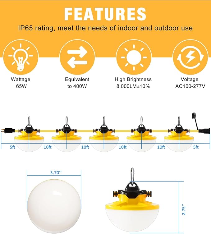 50FT Construction String Light 65W 8000Lm, 5000K Industrial Grade LED String Work - Outdoor Security Flood Light | Lumora