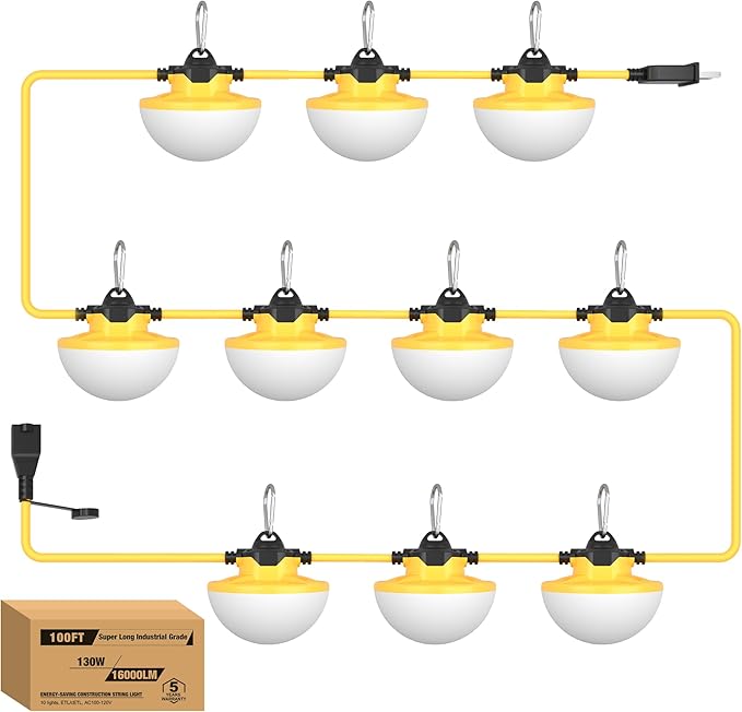 YXL 16000LM 130W Construction String Lights, 100FT Industrial LED String Work Lights, IP65 Waterproof 18AWG Wire 5000K Super Bright for Construction Sites Temporary Work Jobsites Outdoor Lighting