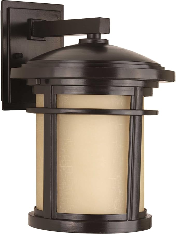 Progress Lighting Wish Collection 1-Light Etched Umber Linen Glass Craftsman Outdoor Medium Wall Lantern Light Antique Bronze