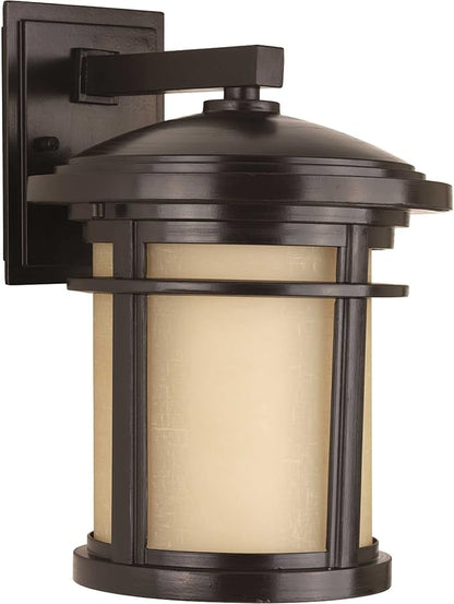 Progress Lighting Wish Collection 1-Light Etched Umber Linen Glass Craftsman Outdoor Medium Wall Lantern Light Antique Bronze