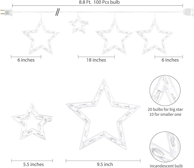 Minetom Christmas Star Icicle String Lights with 6 Drops - 9ft Star Window Lights with 100 Mini Bulbs, Plug-in Connectable Curtain Hanging Lights for Christmas Home Indoor Outdoor Party Holiday Decor