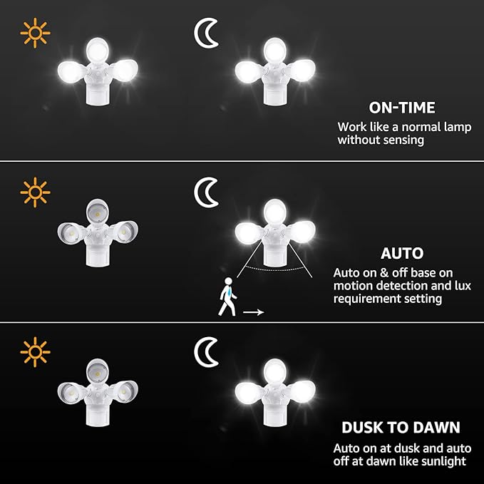 LEONLITE COB LED Security Lights Motion Sensor, Aluminum Flood Lights Outdoor, 3 Modes Motion Detector+Dusk to Dawn+Switch Control, 100-277V, Adjustable 3-Head, IP65, ETL, 5000K Daylight, White