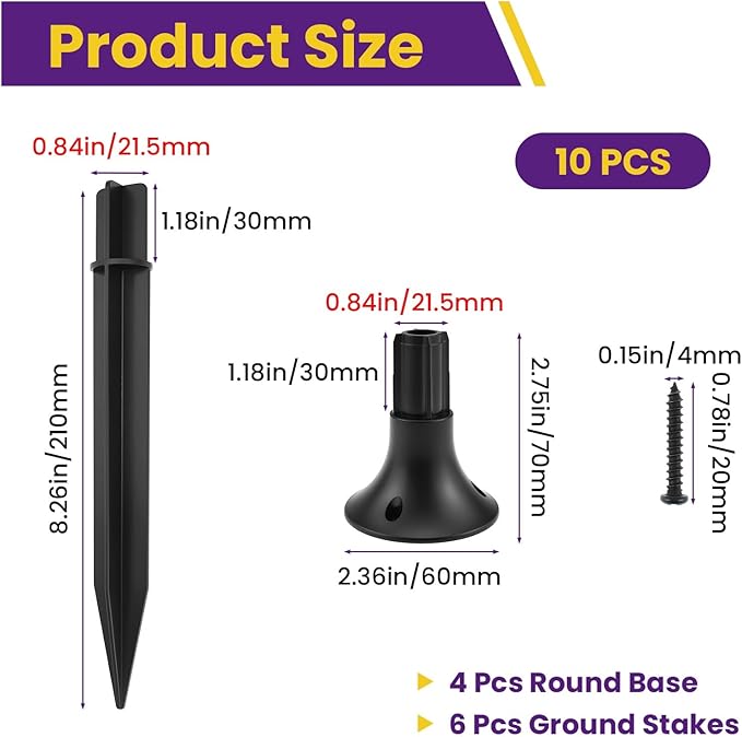 10 Pcs Solar Light Ground Stakes Kit, ABS Plastic Ground Stakes & Round Bases with Mounting Screws Replacement | Lumora