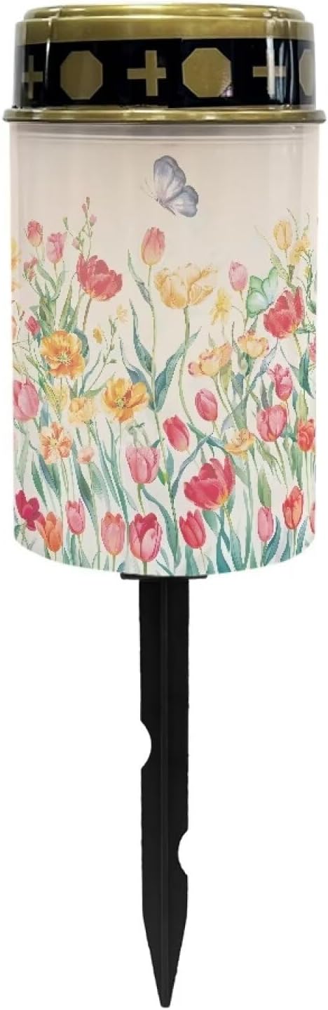 Poceacles Solar Lights Outdoor Grave Solar Lights for Cemetery Decoration Solar Outdoor Lights Cemetery Solar Lamp for Garden Lawn Backyard Pathway Decor, Butterfly Colorful Tulip Flower