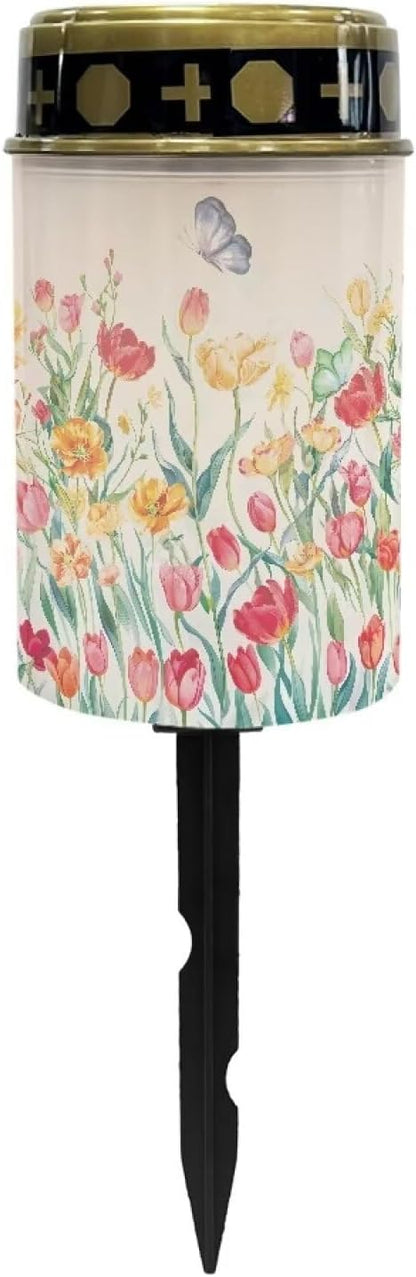 Poceacles Solar Lights Outdoor Grave Solar Lights for Cemetery Decoration Solar Outdoor Lights Cemetery Solar Lamp for Garden Lawn Backyard Pathway Decor, Butterfly Colorful Tulip Flower