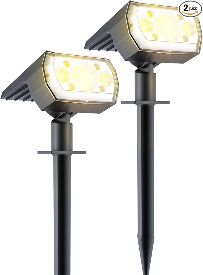2 Packs Solar Spot Lights Outdoor, 64 LED 3000K Solar Lights Outdoor, IP67 Waterproof, Adjustable Brightness Dusk | Lumora