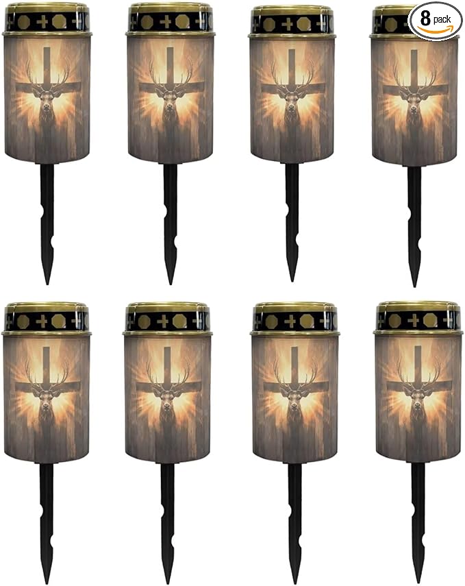 Poceacles 8 PCS Cross Outdoor Solar Lights Solar Garden Lights Cemetery Solar Lights Water Resistant Pillar Candle Solar Garden Stake Lights for Cemetery Grave Decorations, Deer Cross Wood Grain