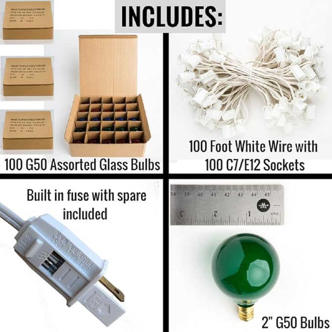 Hometown Evolution, Inc. Assorted Satin Pearl Outdoor Patio Globe String Lights (100 Foot, G50 Assorted 2 Inch Bulbs - White Wire)