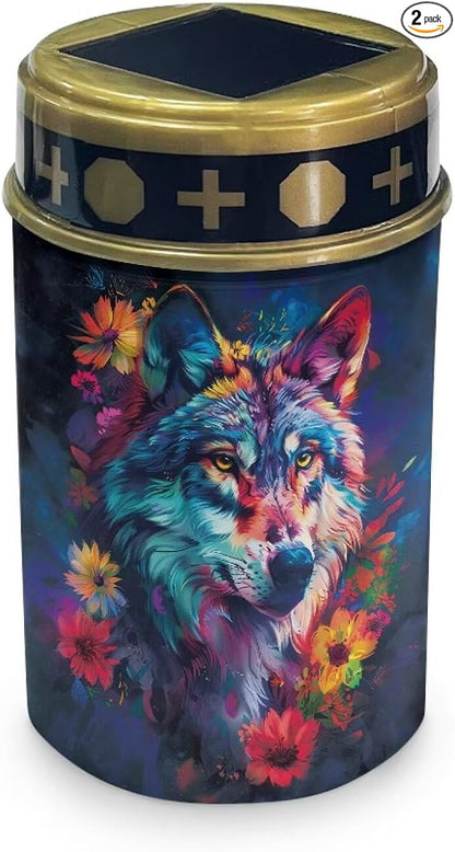 HUGS IDEA Cool Wolf Solar Memorial Lights Floral Solar Path Lights Outdoor Garde Waterproof ABS Grave Decor Outdoor Pathway Lighting for Rustic Yards & Gardens