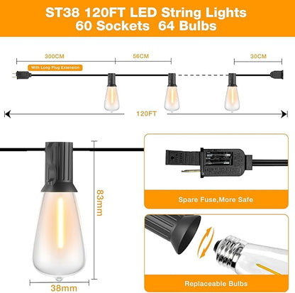 GLUROO String Lights for Outside 120FT, 60+4 Pcs Vintage Bulbs LED Outdoor Edison String Lights Waterproof, Shatterproof Connectable Patio Lights Outdoor, Dimmable Hanging Lights for Backyard,Bistro